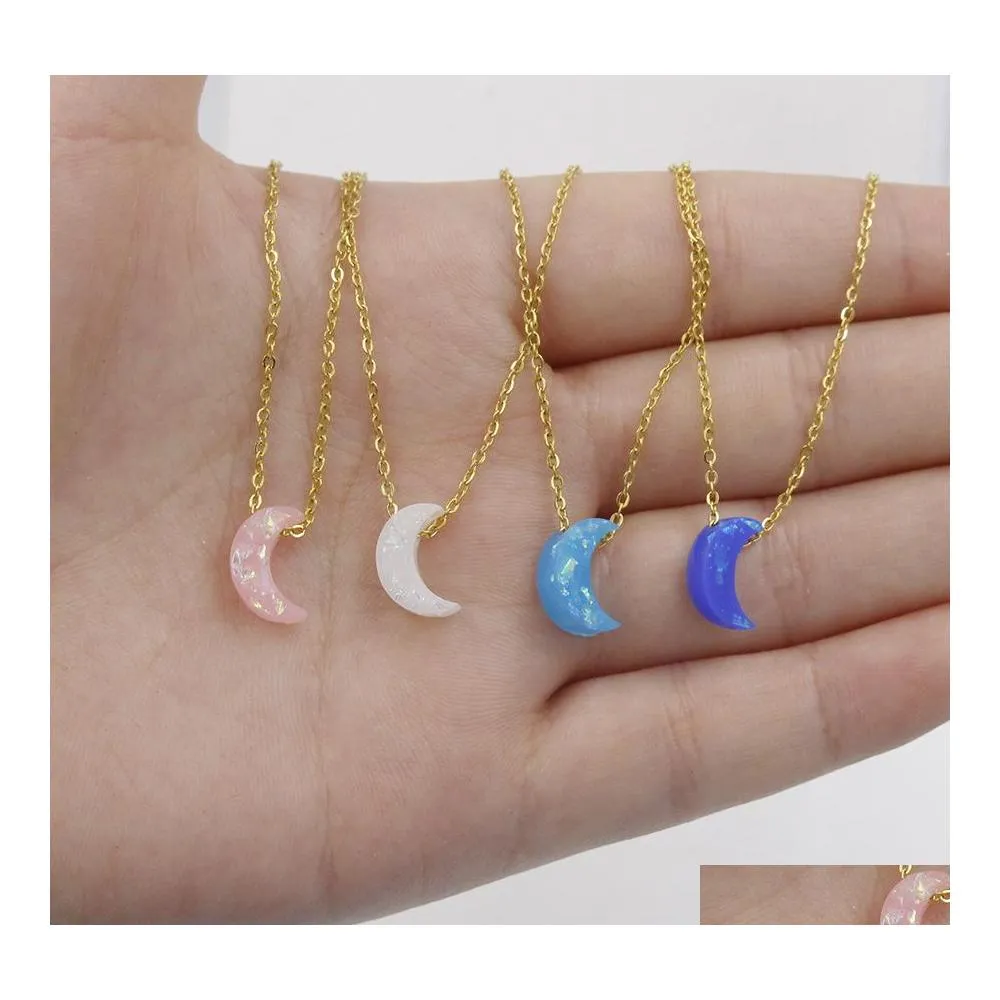 Pendant Necklaces Blue White Opal Moon Stone Necklace Gold Plated Stainless Steel Chain Choker Women Jewelry Collier Drop Delivery Pe Otlq9