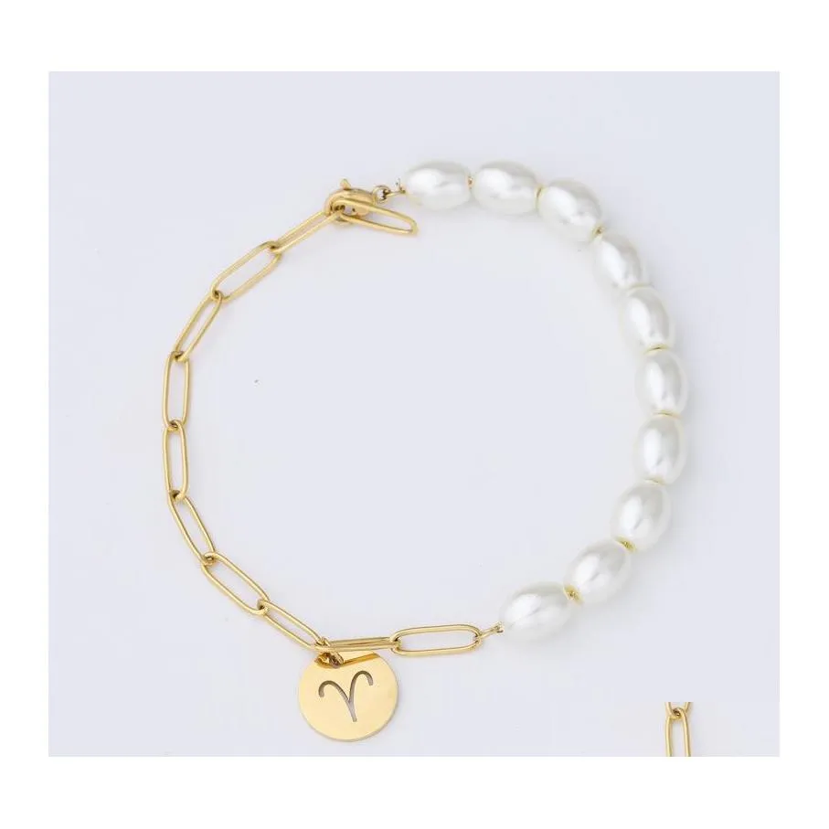 Link Chain Fashion Gold Coin Zodiac Sign Armband Link Pearl For Women Girls Jewelry Drop Delivery Armband OTG3O