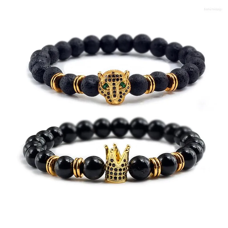 Strand Preto Natural Pedra Vulcânica Pulseiras Cabeça de Leopardo Coroa Elástica Corda Geada Frisadas Frisadas Jóias da Moda Para Casais Homme