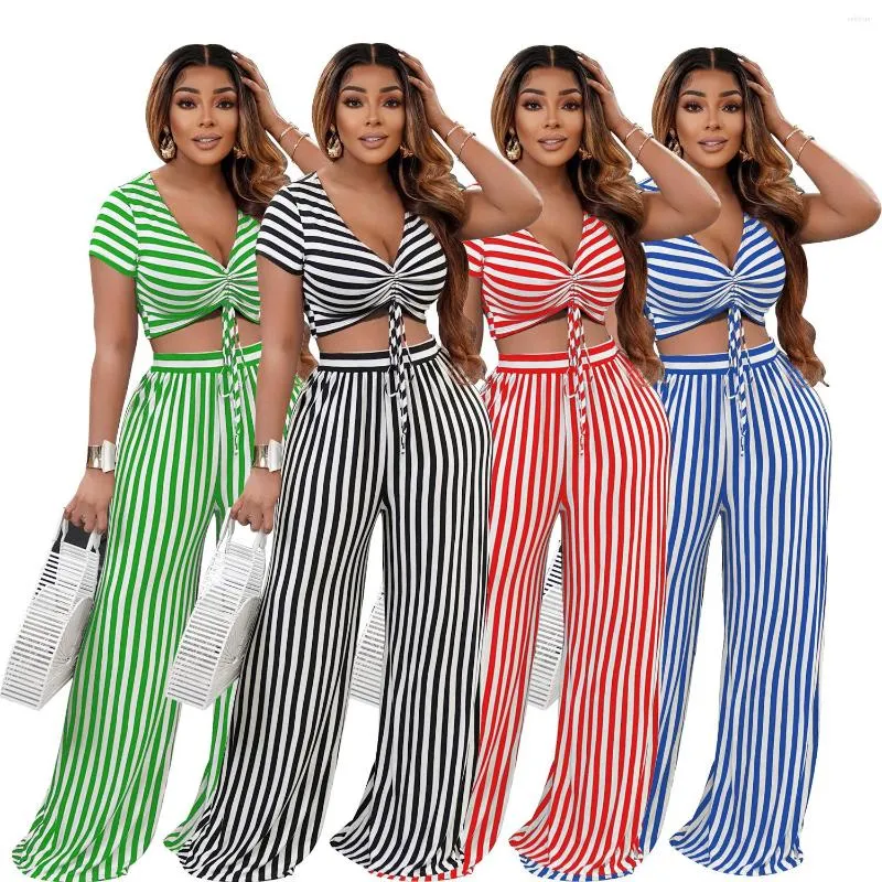 Tweedelige broek voor dames 2023 Zomer vrouwen gestreepte print Casual fitness tracksuit set outfits korte mouw crop tops broek Flare 2