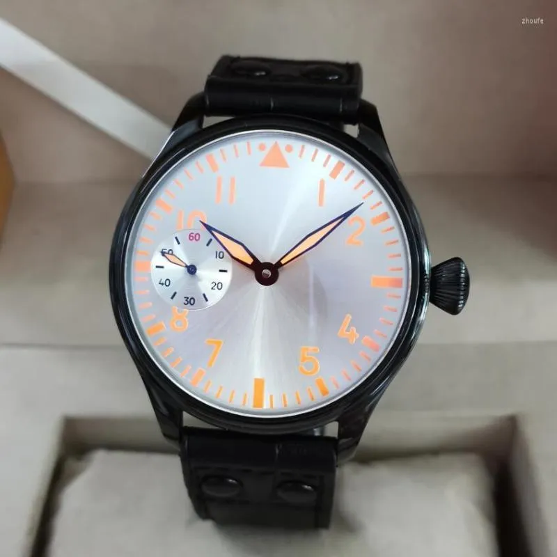 Wristwatches GEERVO Without LOGO Black Case Silver Dial Orange Hands 44MM Style Mechanical Hand Wind Men's Watch Yellow Luminous