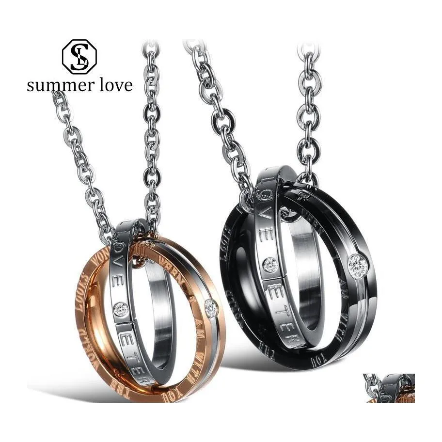 Pendentif Colliers Éternel Cristal Bague Ronde Collier En Acier Inoxydable Couple Pour Femmes Hommes Mariage Romantique Saint Valentin Amour Cadeau Dhr5O