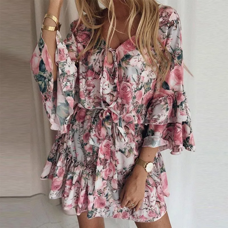 Casual Dresses Robe Femme Summer For Women Sweet V Neck Mini Dress With Pocket Short Sleevele Ruffle Teens Vestidos