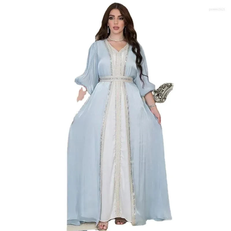 Ethnische Kleidung 2 Stück Abaya Arabisch Partyanzug Muslim Abend Gürtel Set Satin Perlen Offen Abayas Slip Langes Kleid Frauen Passende Sets