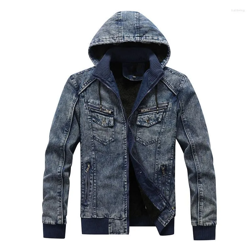 Heren Jackets Men Fashion Flecce Denim Jacket 2023 Heren Cowboy Katoen Slim Fit enkele borsten Casual lente mannelijke kapjes met capuchon