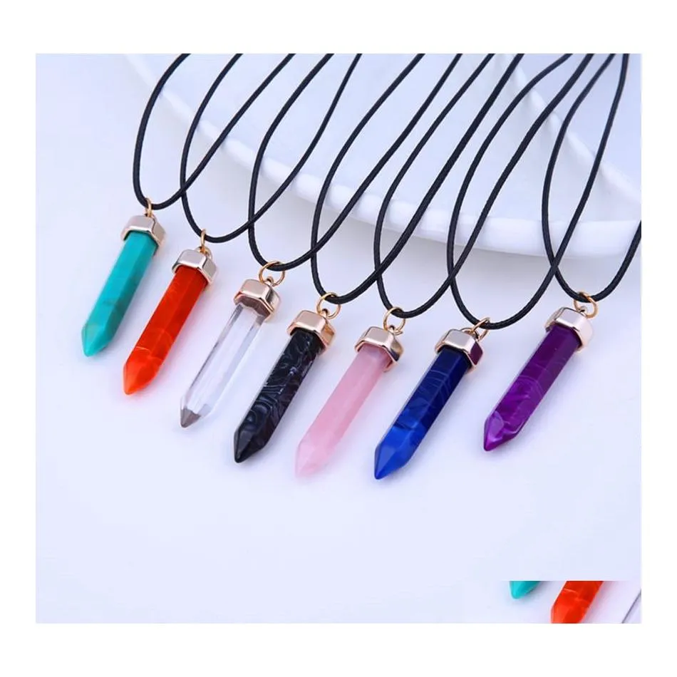 Pendant Necklaces Fashion Shape Natural Stone Hexagonal Prism Quartz Turquoise Crystal Gems Jewelry For Women Men Gold/Sier Drop Del Otnhv