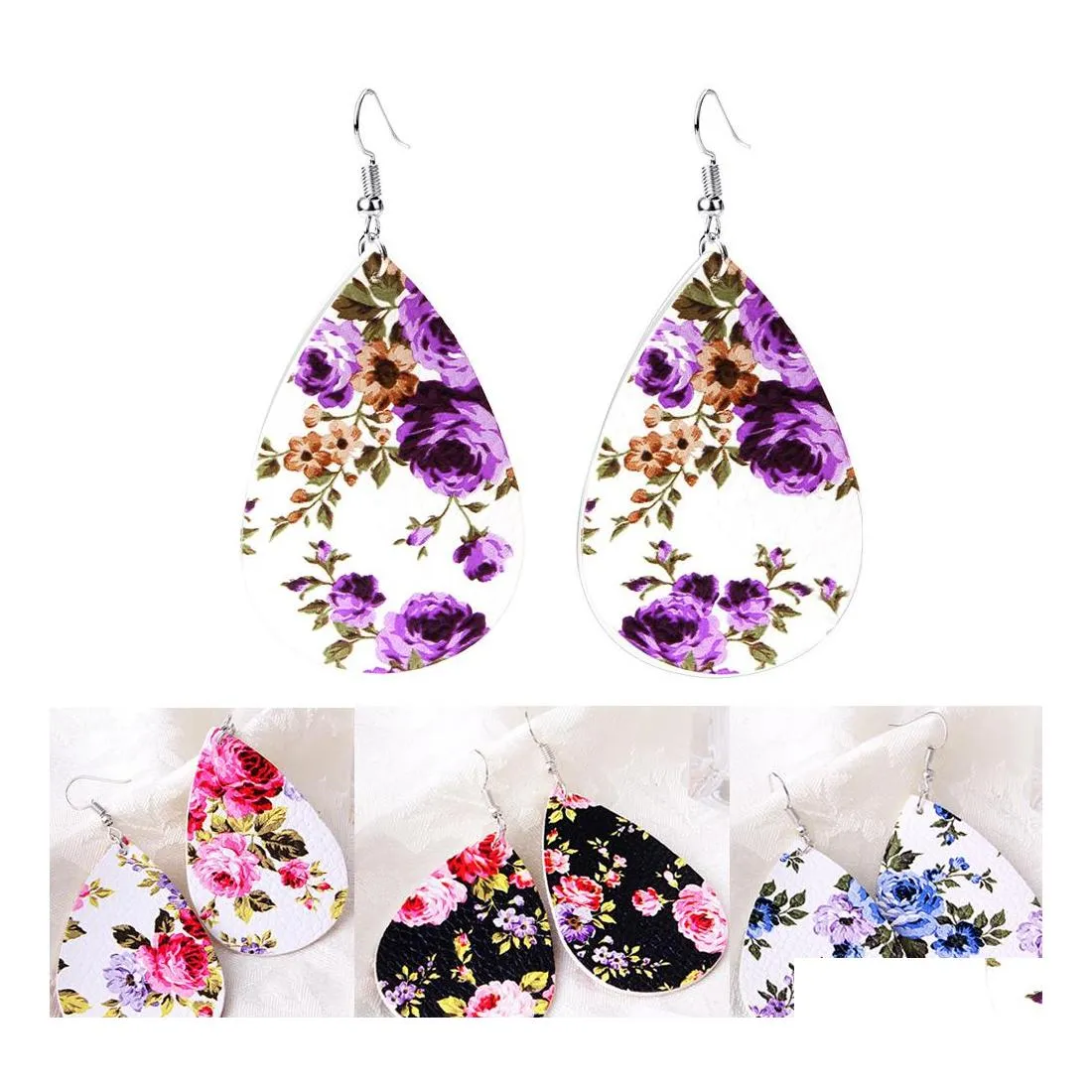 Charm Fashion Printing Rose Flower Teardrop Leather Earrings For Women Antique Mticolors Bohemia Korean Water Drop Delivery Jewelry Oto1K