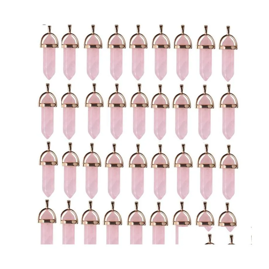 Charmes Or Couleur Pierre Naturelle Rose Quartz Pierres Cristal Pilier Chakra Pendentifs Pour Collier Boucles D'oreilles Fabrication Accessoires En Gros Dhibf