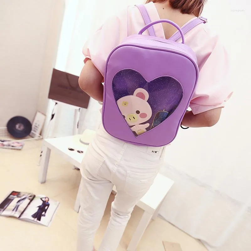 Borse da scuola Cute Ita Bag Zaino piccolo Candy Color PU Zaini trasparenti a forma di cuore Love Zaini Kawaii Harajuku per ragazze adolescenti