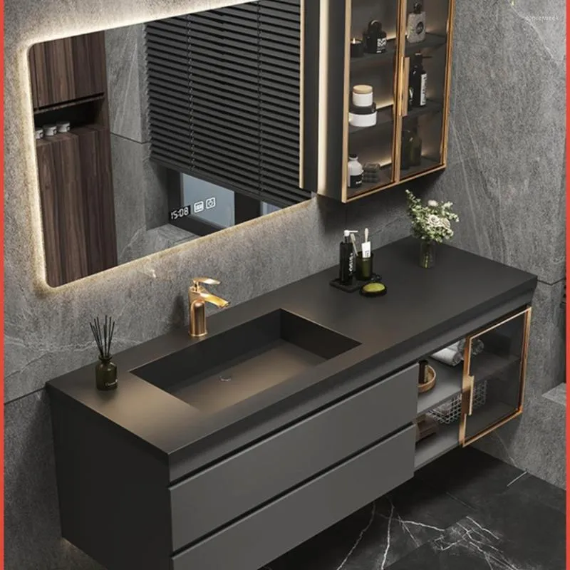 Bath Accessory Set Customized Luxurious Rock Plate One-piece Basin Bathroom Cabinet Combination Modern Simple Washstand Solid Wood Washbasin