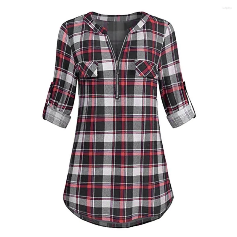 Camicette da donna in camicia con zip per donna Elegante Casua Top con scollo a V Tunica stampata scozzese Camicetta arrotolata Manica lunga da viaggio