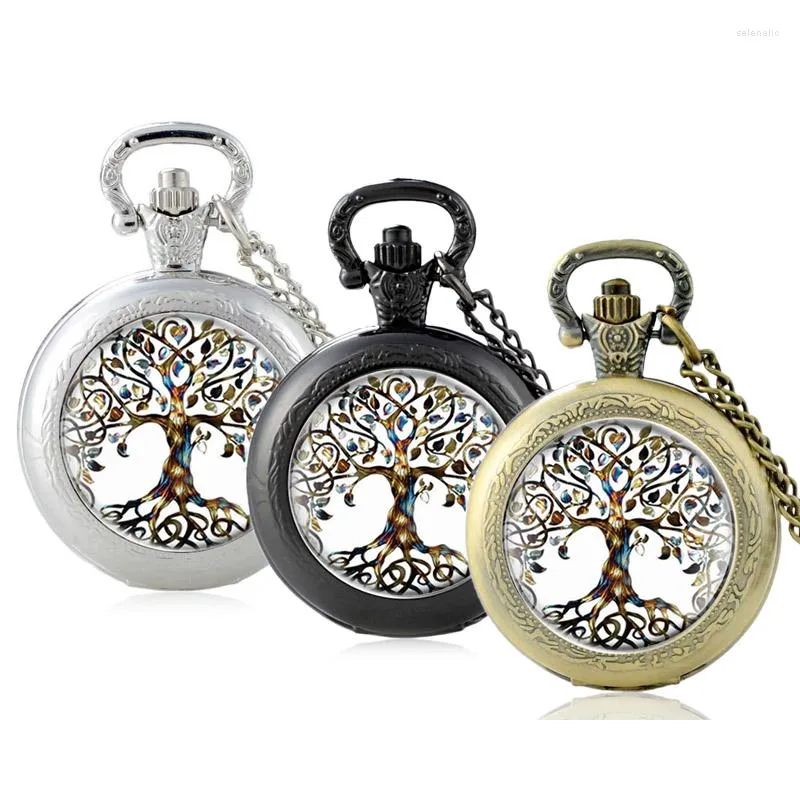 Zegarki kieszeniowe czarne klasyczne modę Tree of Life Design Glass Cabochon kwarc zegarek vintage mężczyzn Kobiet Wisianta łańcuch naszyjnika