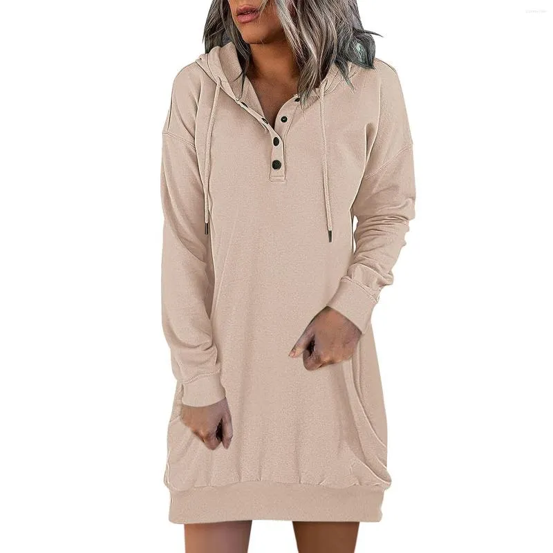 Robes décontractées Sweats à capuche de couleur unie pour femmes 2023 Automne élégant Sweat-shirt à manches longues Bouton vers le bas Pull Pull Robe légère