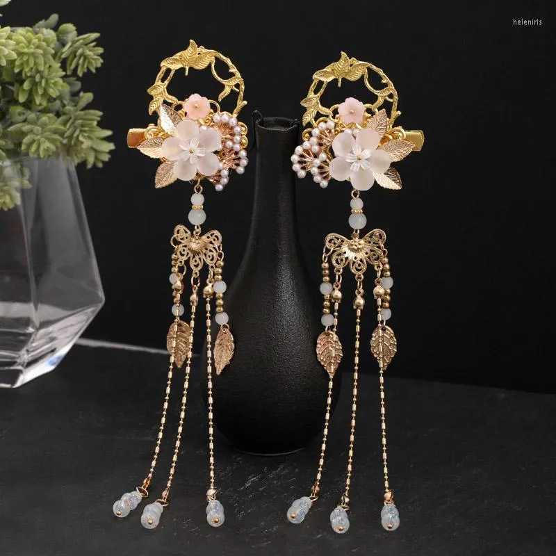 Hair Jewelry FORSEVEN 1 Pair Flower Leaf Pearls Long Tassel Pendant Hanfu Dress Chinese Hairpins Clips For Women Girls Wedding Ornaments