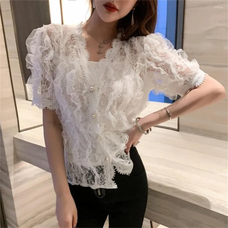 Women's Blouses Alien Kitty V-Neck Ruffles Fairy Slim Shirts Summer All Match Women High Street 2023 Work Wear Lace Sexy Office Lady Mujer