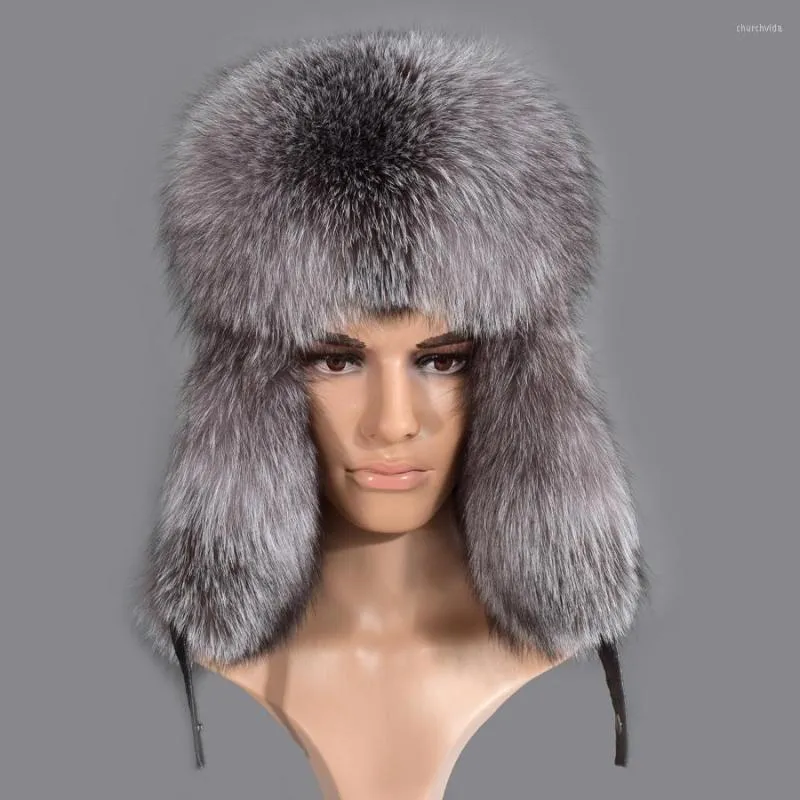 Berets Real Fur 2023 Winter Genuine Silver Hats Men Raccoon Lei Feng Cap For Russian Bomber With Leather Warm