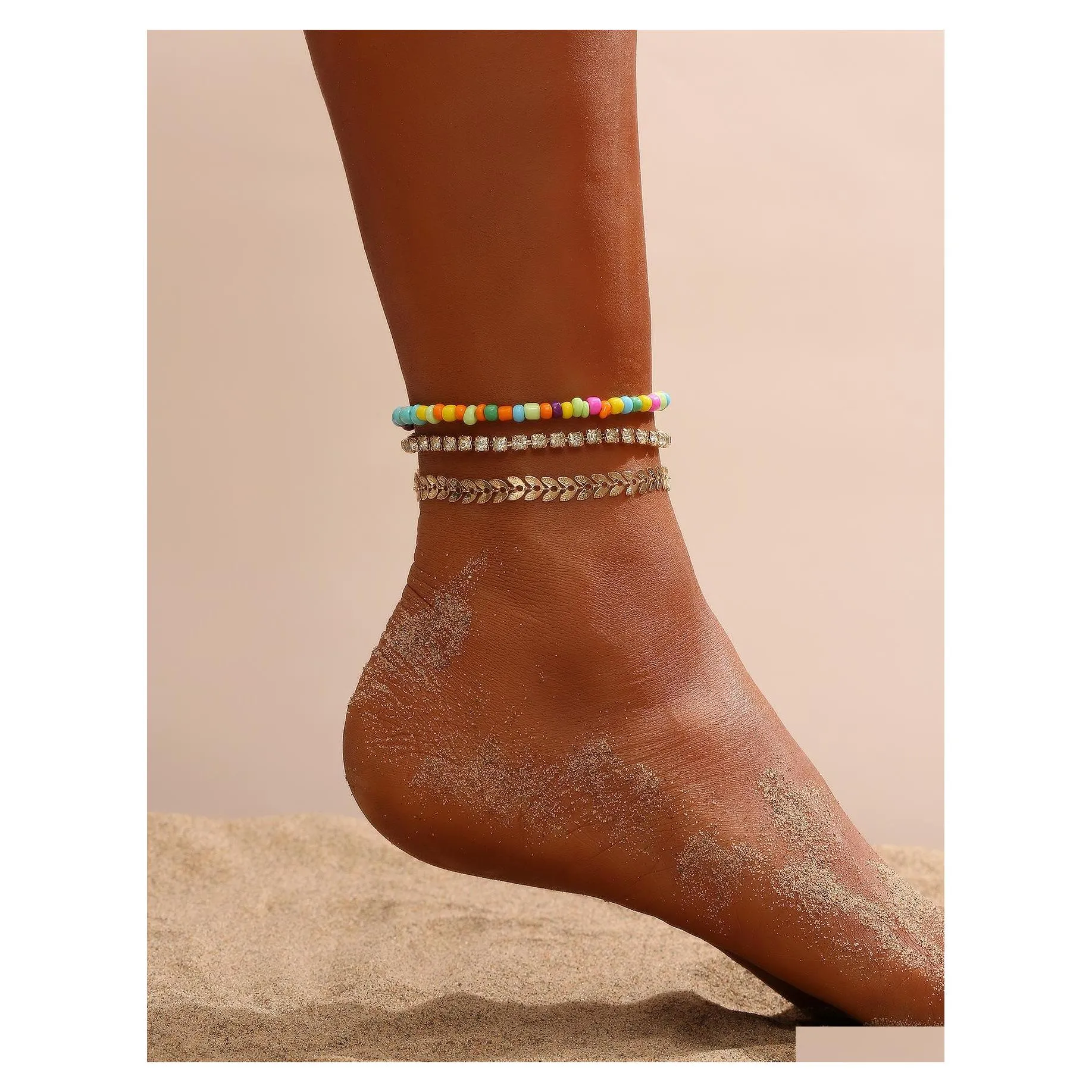 Anklets mode smycken vintage colorf p￤rlkedja metall anklet upps￤ttning f￶r kvinnliga rusa p￤rlor strand 3 st/set drop leverans dhv9h