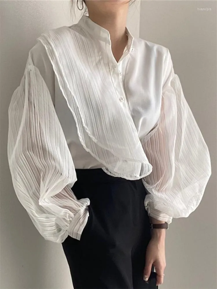 Kvinnors blusar 2023 Patchwork Tulle transparent eleganta skjortor Korean Fashion Spring Autumn Chic Lady Tops Lantern Sleeve Camisas