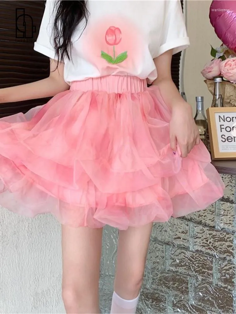 Jupes Chance A 2023 Été Rose Mesh Princesse Tutu Femelle Taille Haute Gâteau Mini Mode Coréenne Ins Robe De Bal