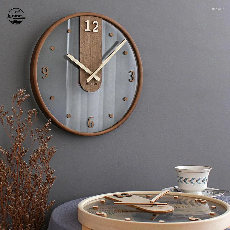 Wall Clocks Japanese Style Round Transparent Clock Wooden Glass Quiet Hanging Watches Living Room Restaurant Kitchen Home