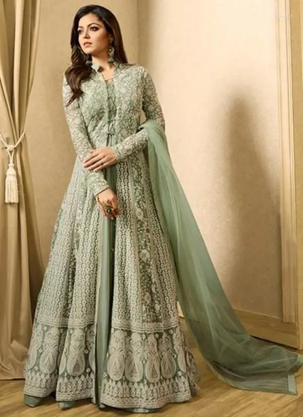 Abiti da festa Abito da ballo pakistano verde menta Ricamo Abito Anarkali Applique in pizzo Manica lunga Caftano Caftano Bollywood Evening