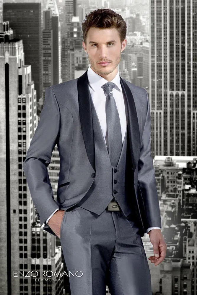 Herenpakken nieuwste jas pant ontwerpen roken grijze mannen passen Italiaans slanke fit 3 -delige tuxedo aangepaste prom blazer terno masculino blazers