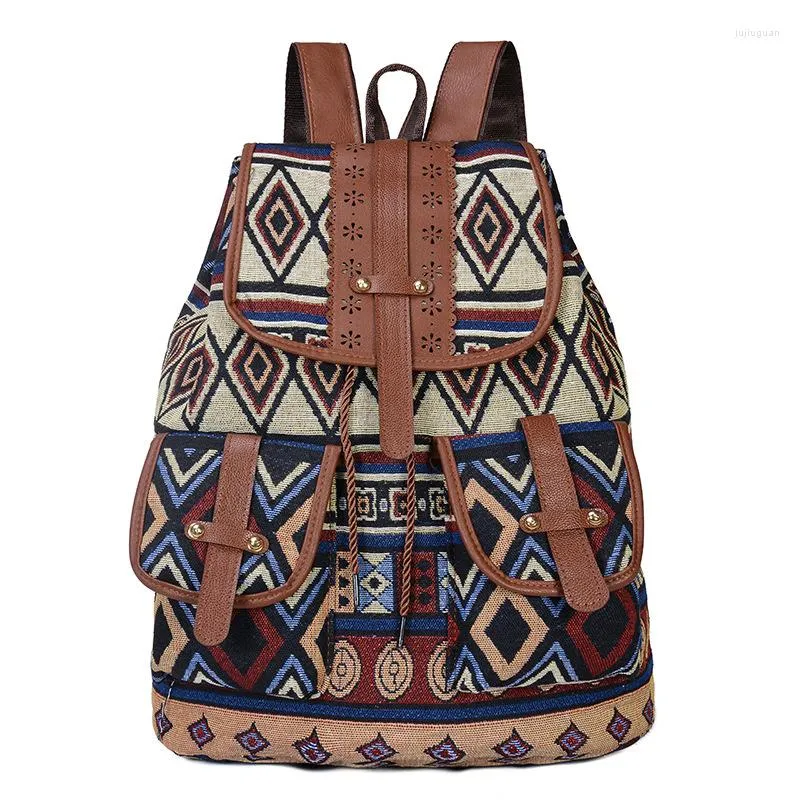 Skolväskor Vintage Print Ethnic Ryggsäck DrawString Böhmen Travels Ruckssack för kvinnliga flickor Canvas Ryggsäckar