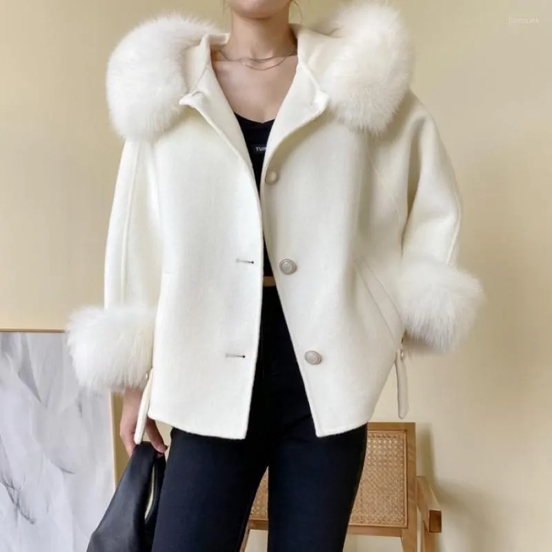Women's Fur Korean And Japan Style Fall Winter Fluffy Genuine Wool Cashmere Plus Size Coats Single-breasted Overcoat Hood Cuffs