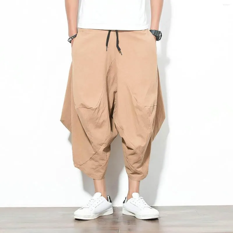 Men's Pants Fashion Men's Drawstring Streetwear Hip Hop Loose Cropped Trousers Casual Solid Colors Cotton Linen Harem Bloomers