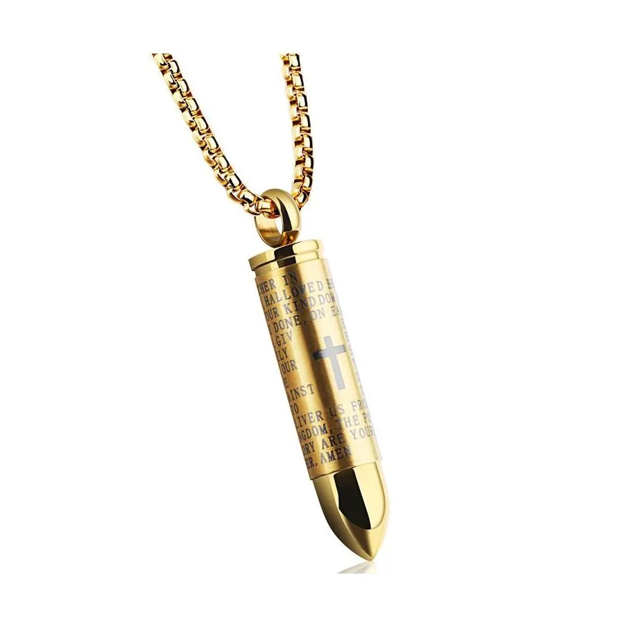 Pendentif Colliers Collier Pour Hommes Gravé Croix Seigneur Bible Prière En Acier Inoxydable Hommes Bijoux Crémation Cendres Urne Drop Delivery Pe Otzks