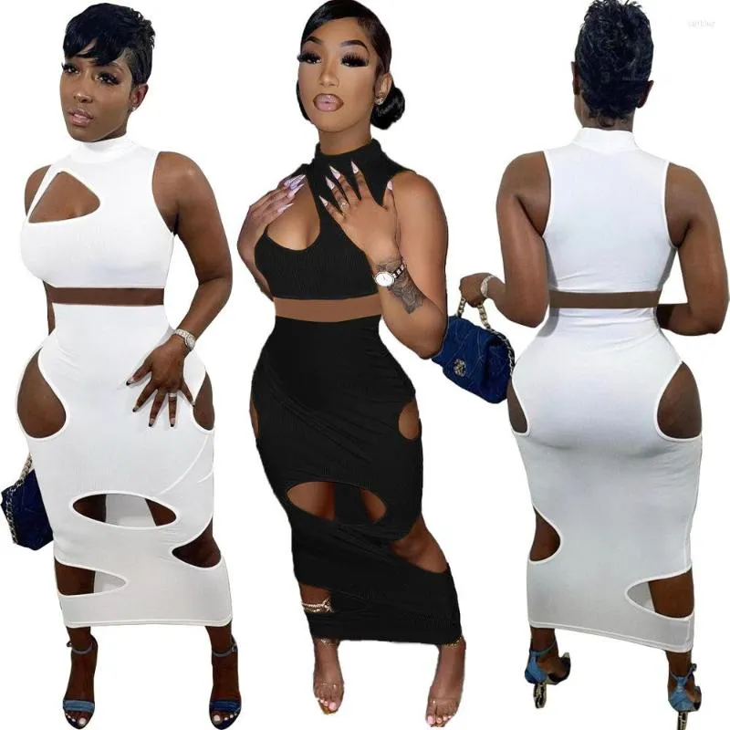 Werkjurken uitgehakt sexy tweedelig set vrouwen maxi rok sets streetwear mouwloze crop top gaten bodycon dames outfits