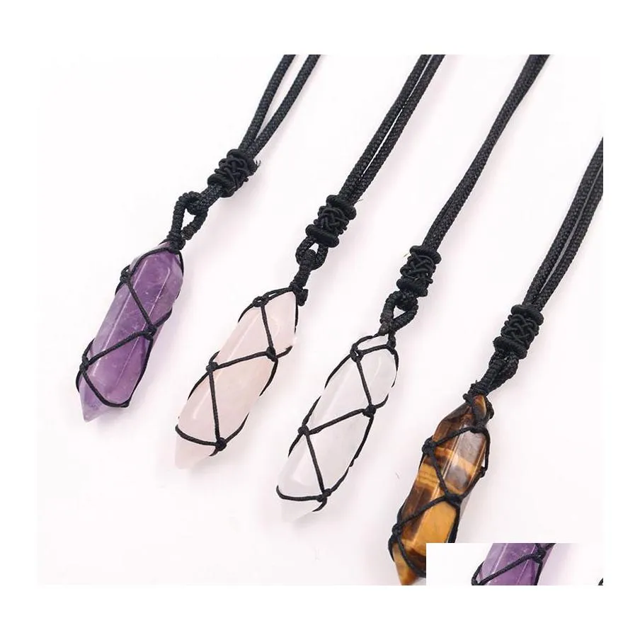 Konst och hantverk Rope Wrap Natural Stone Necklace Pink Quartz Aventurine Amethysts Point Hexagonal Crystal Pendum Pendant Halsband F DHM5C