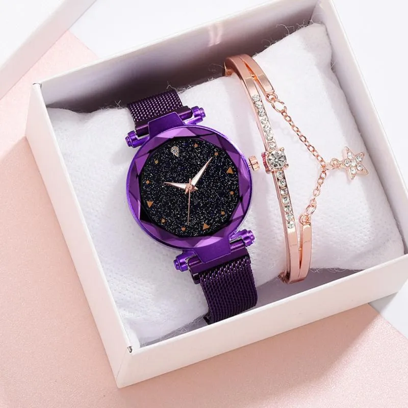 Wristwatches Selling Women Mesh Magnet Buckle Starry Sky Watch Casual Luxury Geometric Surface Quartz Watches Relogio Feminino