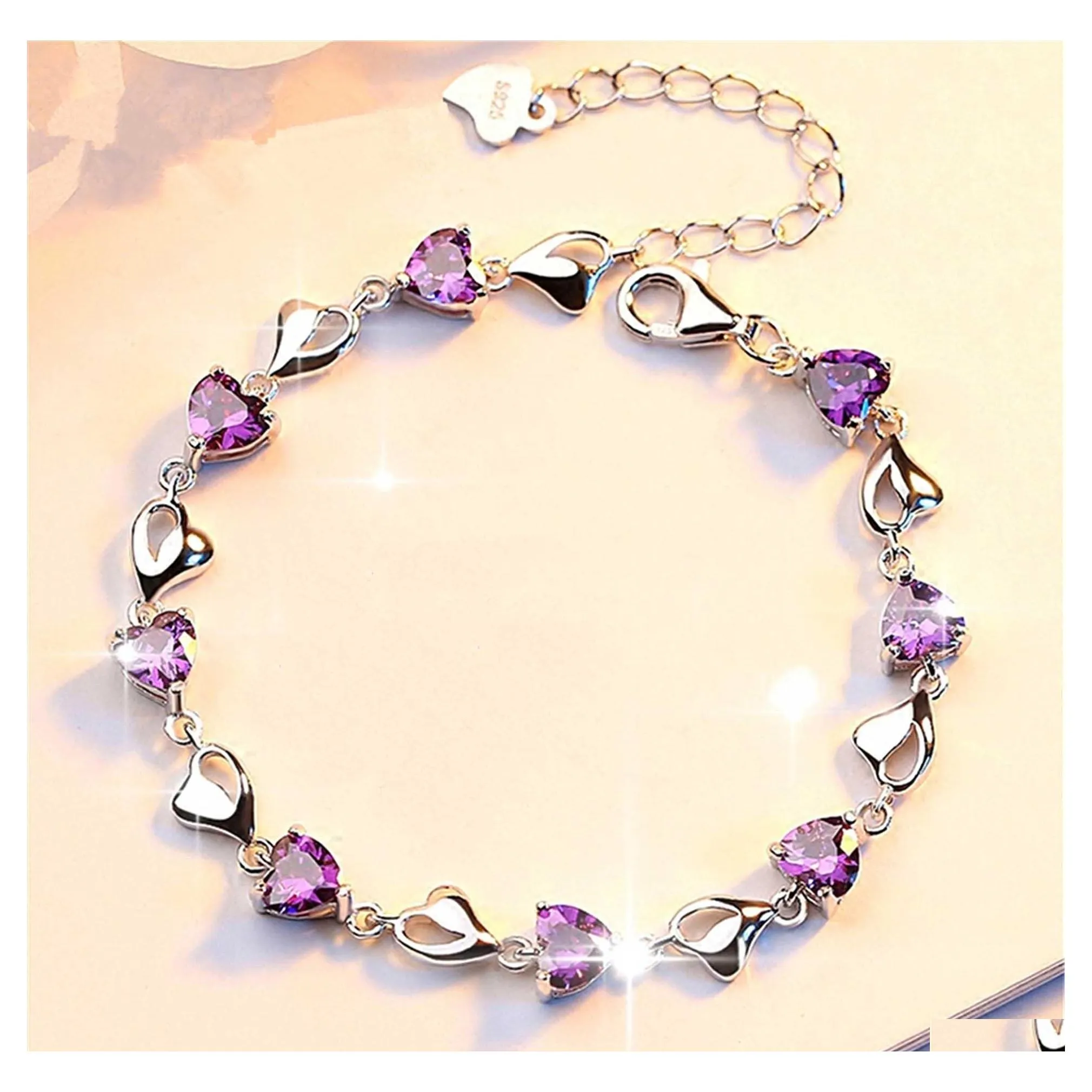 Bedelarmbanden Purple Crystal Heart Bracelet Romantisch bruiloft Geschenk roze blauw Amethyst Zirkon voor vrouwen sieraden drop levering otx4u