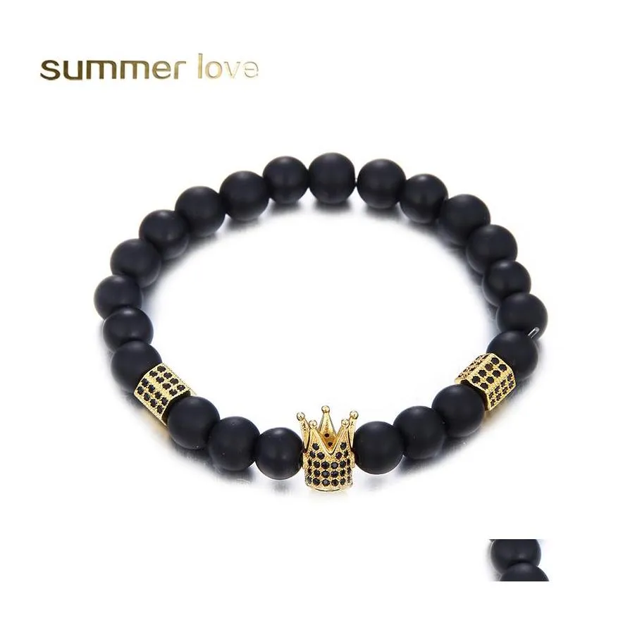 Brins de perles à la mode or Sier roi couronne charme perle bracelet pour hommes femmes cylindre 8mm pierre naturelle mat bracelets bijoux Gif Ot3Mz
