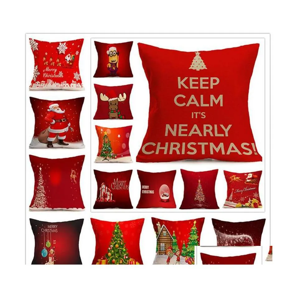 Federa 45X45 Cm Vacanze Natale Rosso Custodie Alce Renna Babbo Natale Lettera Decorativa Stampata Lino Lancio Goccia Consegna Casa Ga Dho4J