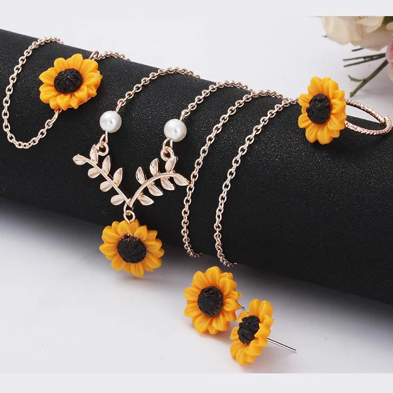 Halskette Ohrringe Set 5 Teile/satz Sonnenblumen Schmuck Für Frauen Mädchen Ring Armbänder Ringe Mode