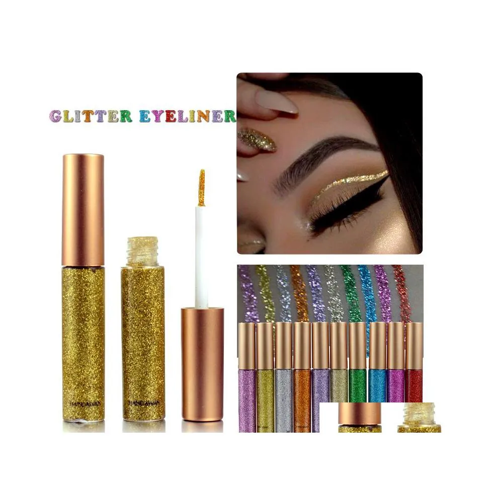 Eyeliner handaiyan 10 gekleurde vloeistof glitter voering colorf pailletten glanzende gemakkelijk te dragen make -up eyeiners drop levering gezondheid dhauz