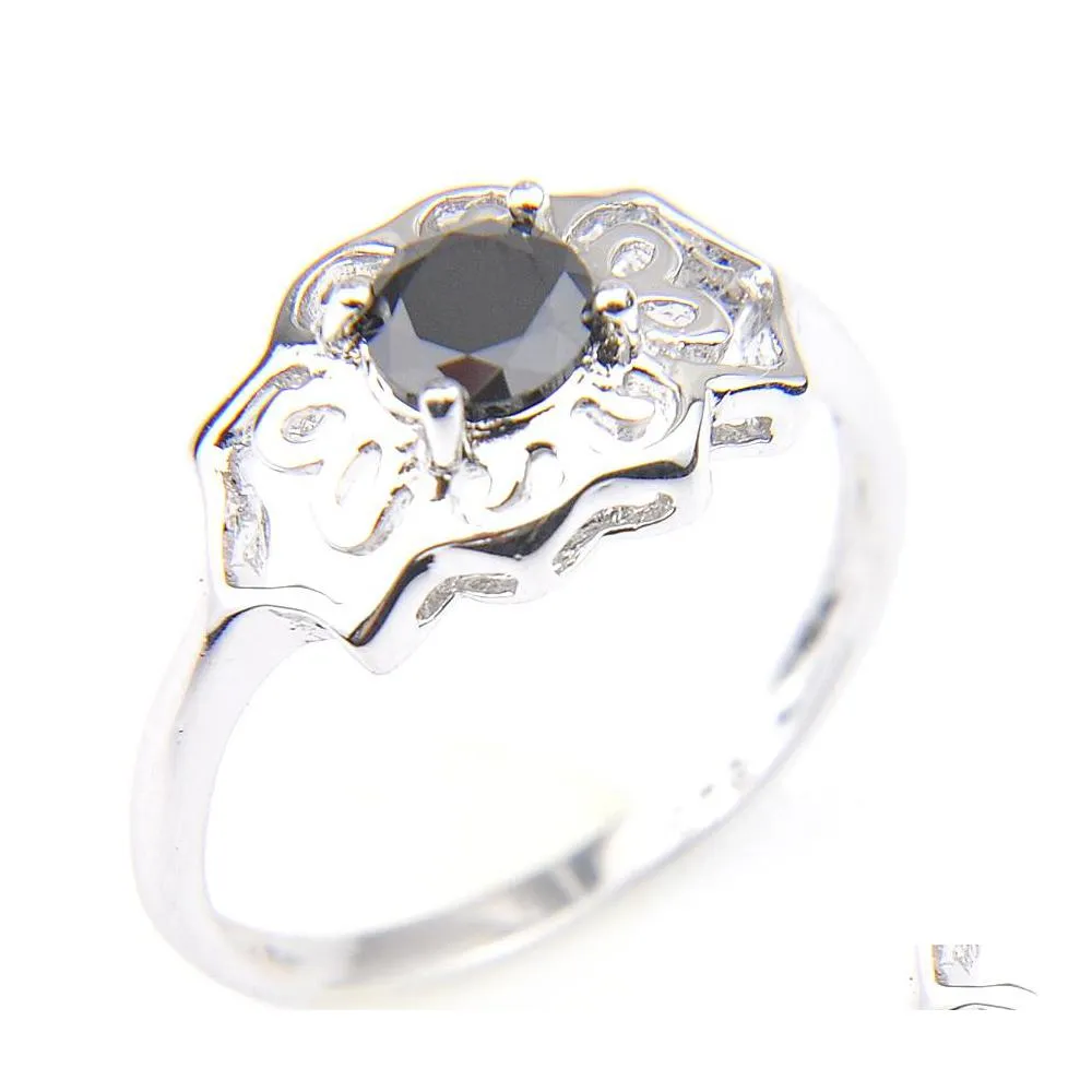 Solitaire anillo moda exquisita gemas de onyx negros forma de floración Sier Circón COCON BODA Joyería para mujer para mujer 10 PCS DHTFD