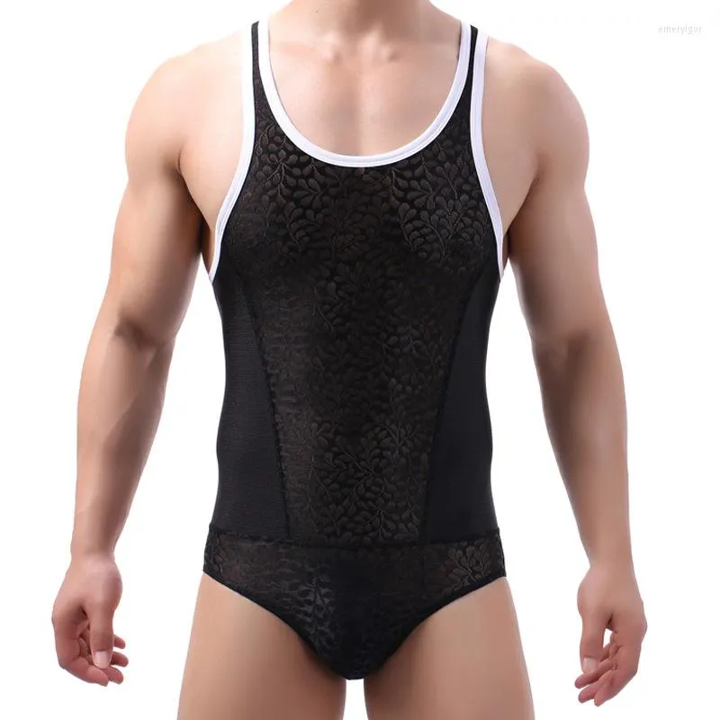 Maillots de corps Sexy hommes Lingerie musculation minceur manches maille dentelle solide Gay body pour hommes maillot de corps