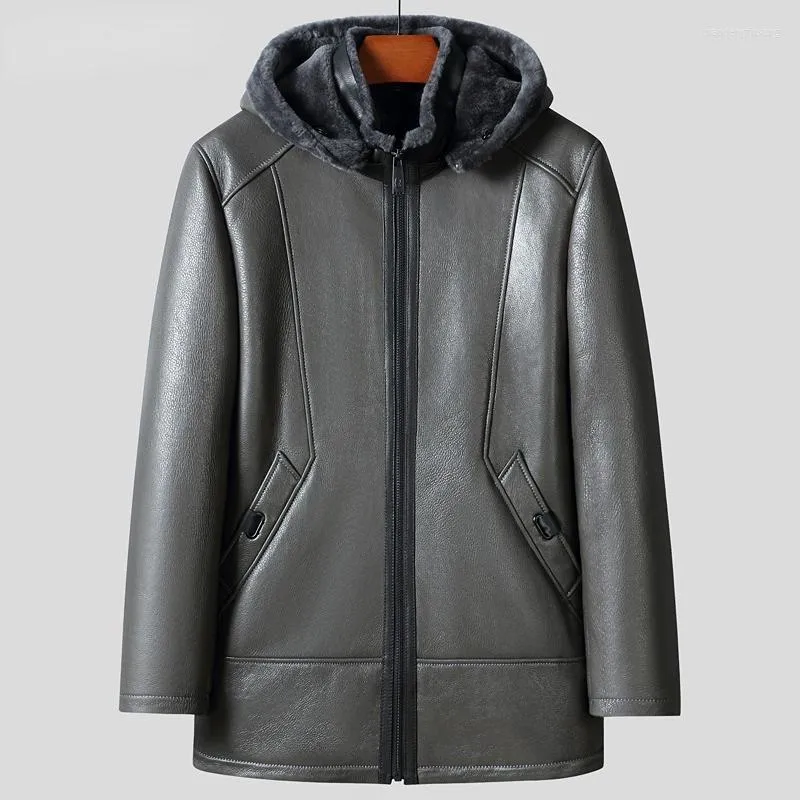 Men's Jackets 2023 Trendy Men's Fleece Fur Liner Leather Hooded Coat Winter Thermal Shearling Fashion High Quality Windbreaker