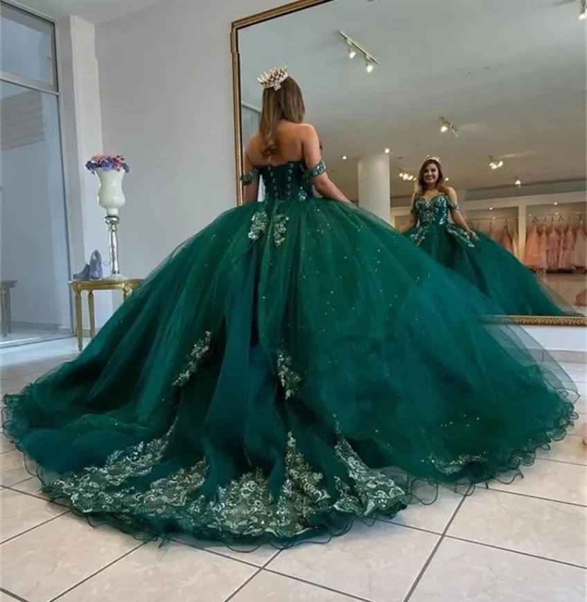 Green Off The Shoulder Ball Gown Puffy Sweet 16 Dress Beaded Quinceanera Dresses Lace Up Back 15 Year Party Evening Gowns BC14539