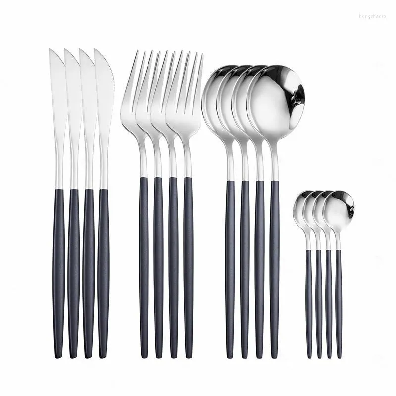 Servis uppsättningar hem bordsartiklar middag rostfritt stål bestick gaffel sked kniv 16 bit set svart silver europeisk