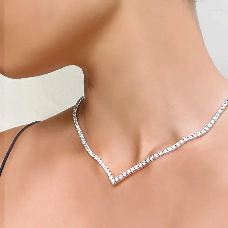 Choker Simple Bride V Shape Necklace Rhinestone Jewelry For Women Fashion Bling Crystal Tennis Chain Collar Accessories