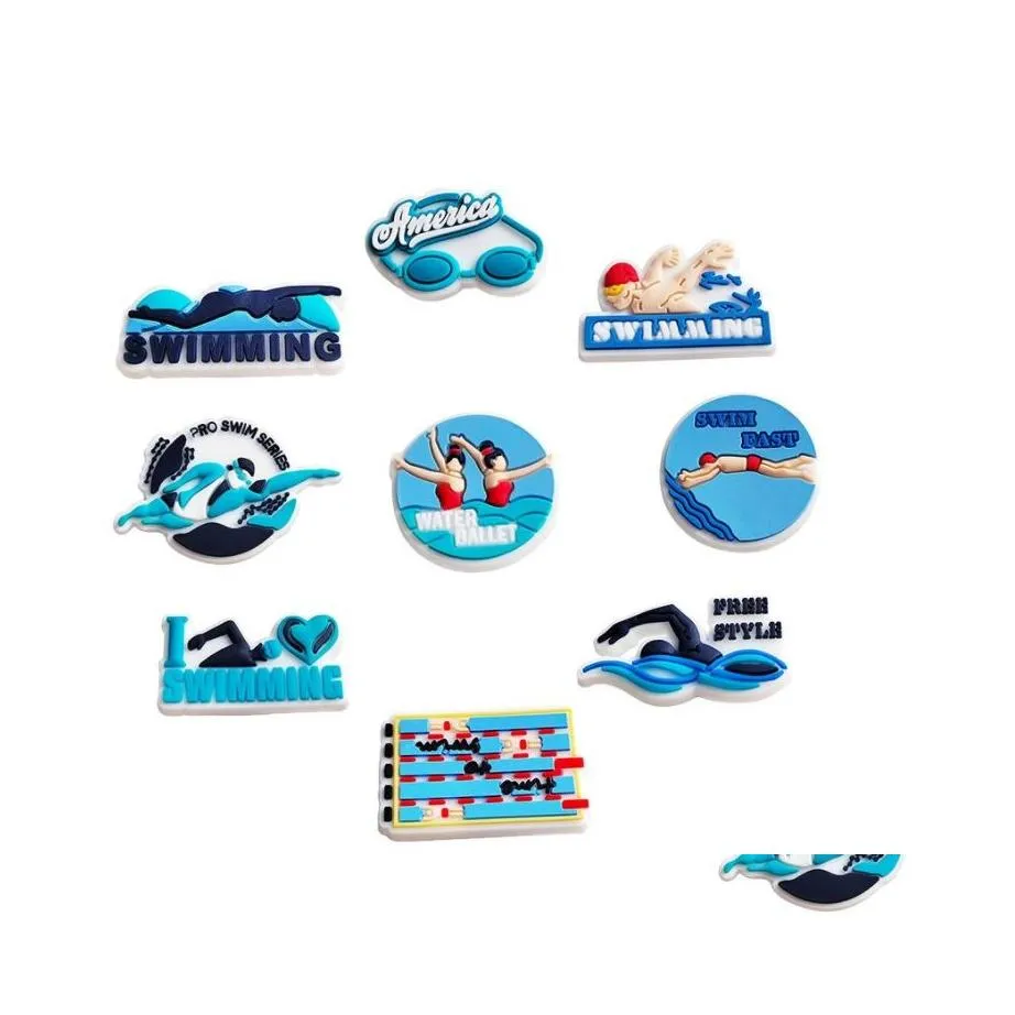 Piezas de zapatos Accesorios Encantos de natación PVC Dibujos animados Croc Decoración Hebilla Zuecos Pines Encanto Botones Fútbol Deportes Hebillas Drop Del DHZFL