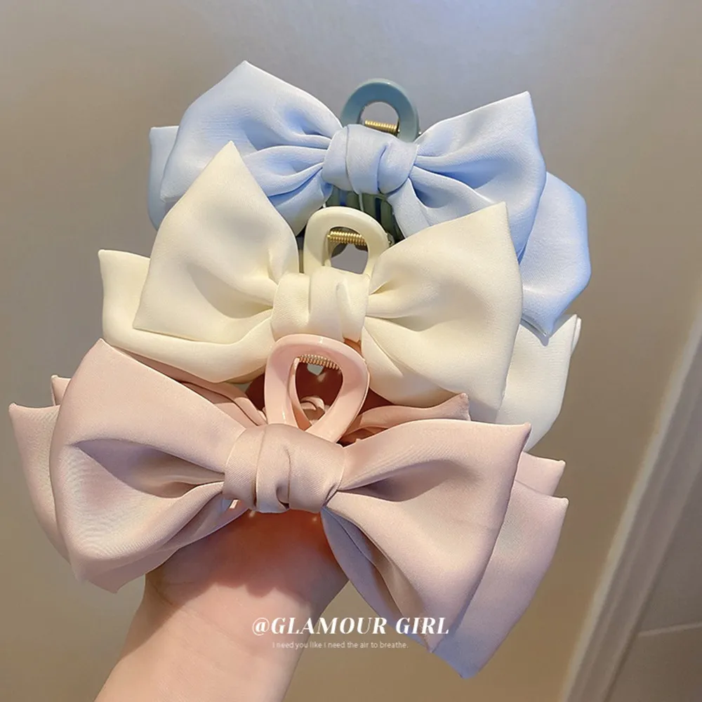 Elegant Lady White Pink Ribbon Bowknot Hair Claws Big Velvet Bow Hairs Clips Vintage Hair Accessories Korean Women Hairn Pins 1398