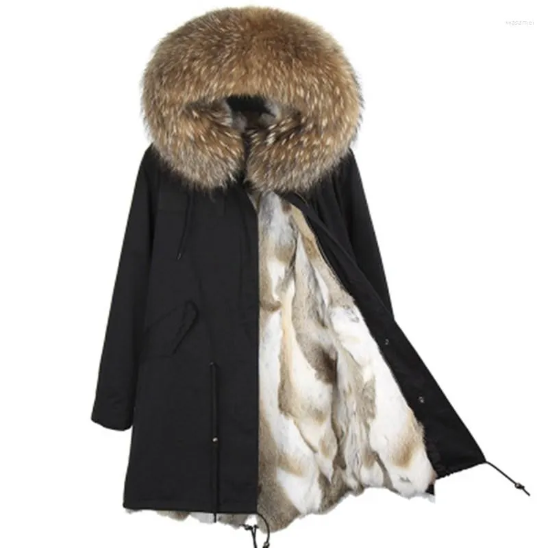 Abrigos de trinchera para mujer 2023 Parka Abrigo de piel real Chaqueta de invierno desmontable Mujeres Cuello de mapache natural Forro grueso cálido