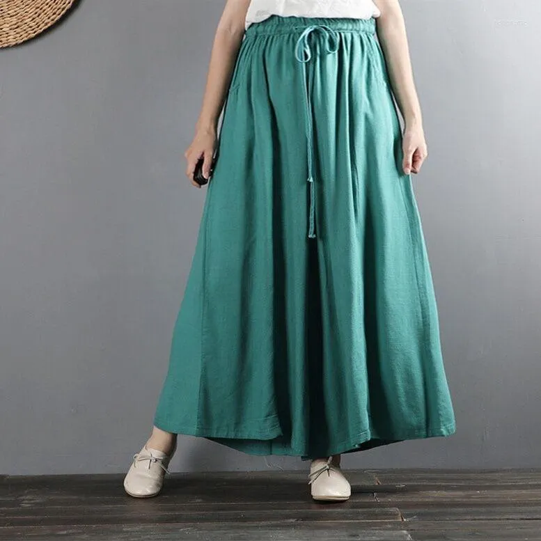 Byxor l-7xl kvinnors byxor sommar mode tunt bred ben plus storlek casual bomullslinne vintage kjol dans