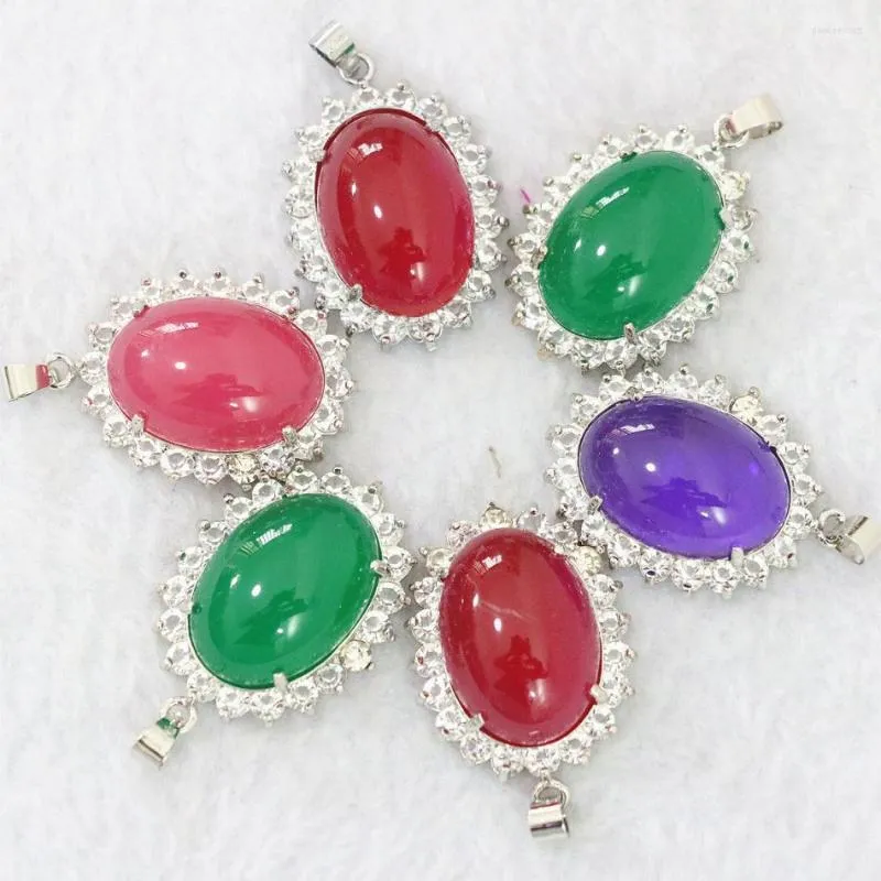 Pendant Necklaces Charms 26x32mm Oval Green Red Purple Natural Stone Jades Chalcedony Crystal Purfle Fit Necklace Accessories Jewels B1104