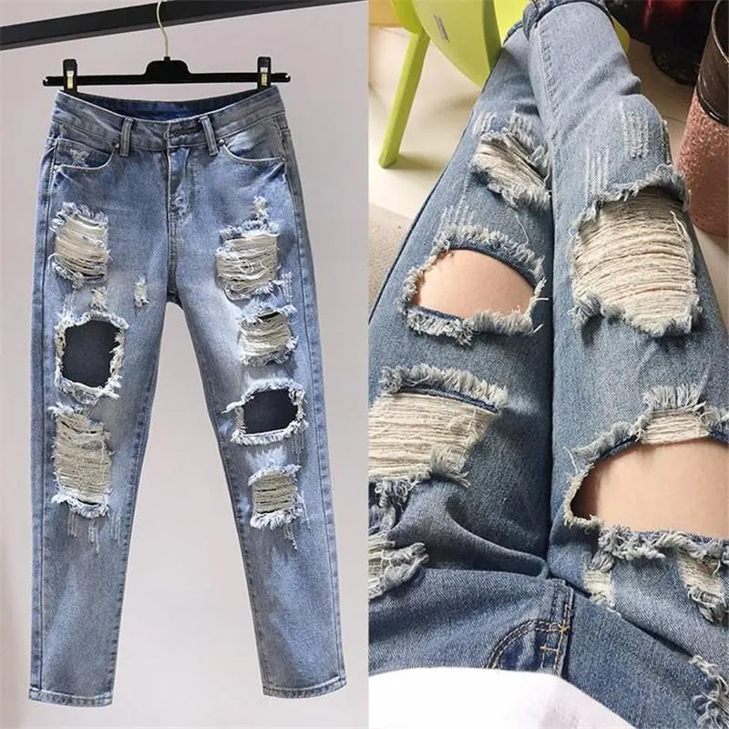 Jeans femininos 2023 Cantura alta calça Hole Hole Feminino Lavado Denim Casual Trouserswomen's